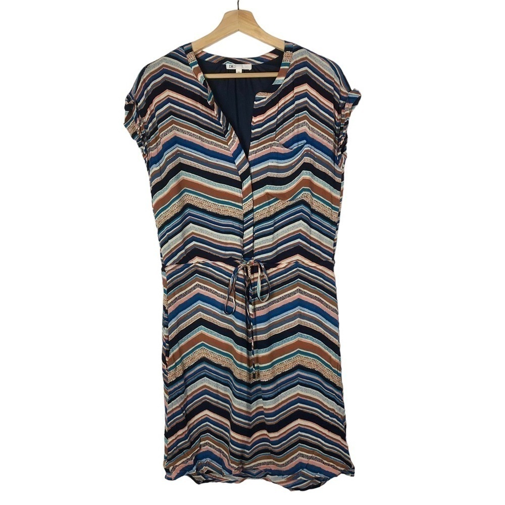 DR2 Navy Blue Colorful Chevron Short Sleeve Mini Dress XS